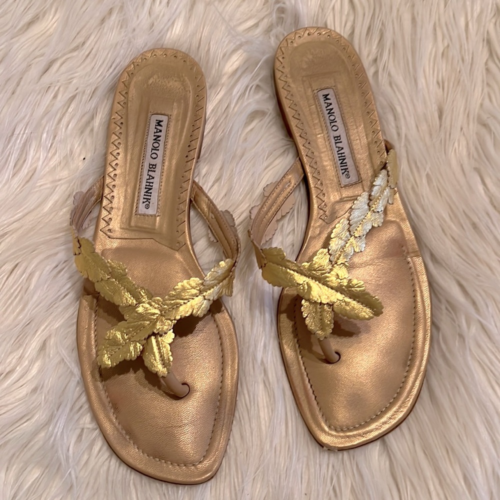 Manolo Blahnik Gold Leaf Embellished Leather Thong Sandals